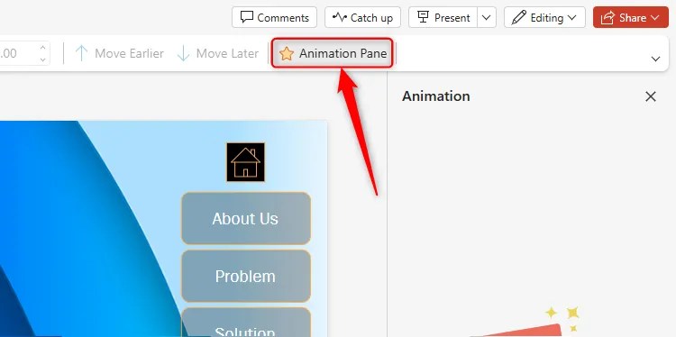 The Animation Pane button in PowerPoint is selected.