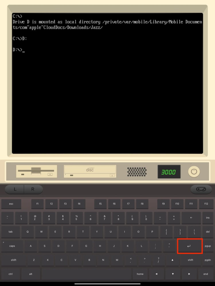 The iDOS 3 interface showing that a folder had been mounted and the drive changed.