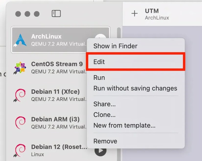 The VM context menu.
