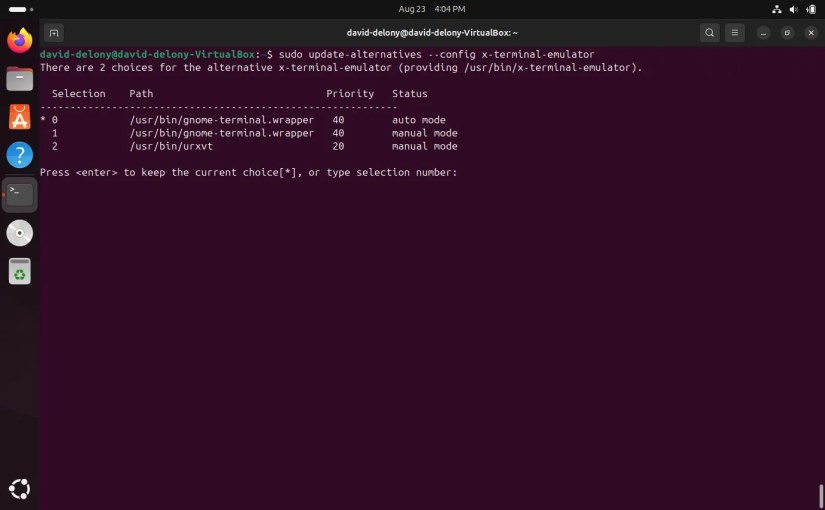 Changing the default terminal program in Ubuntu with the update-alternatives command in a terminal window.