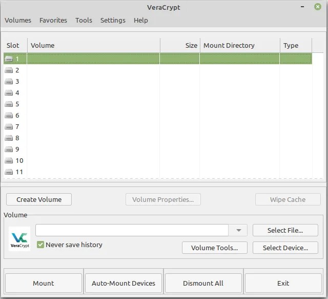 The VeraCrypt interface