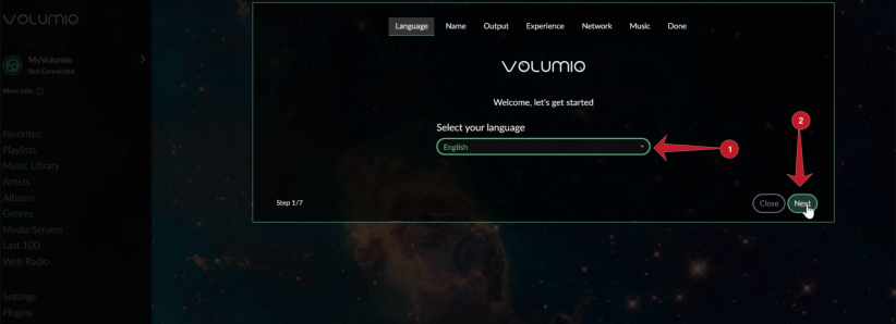 The Volumio welcome page.