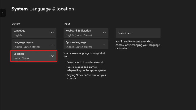 The Language &amp; location menu in the Xbox One settings, with the Location option highlighted.