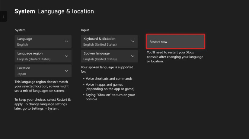The Xbox One restart option highlighted.