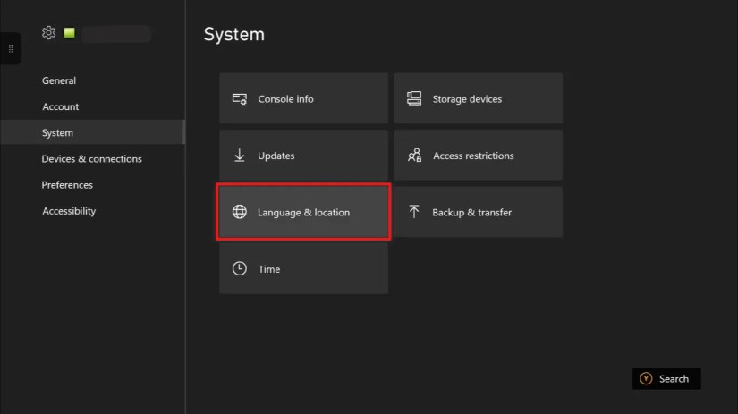 System tab in the Xbox One Settings, with &ldquo;Language &amp; location&rdquo; highlighted.