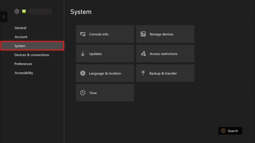 System tab in the Xbox One Settings, with &ldquo;System&rdquo; highlighted.