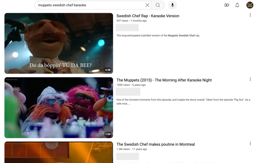 YouTube search results for &lsquo;muppets swedish chef karaoke.'