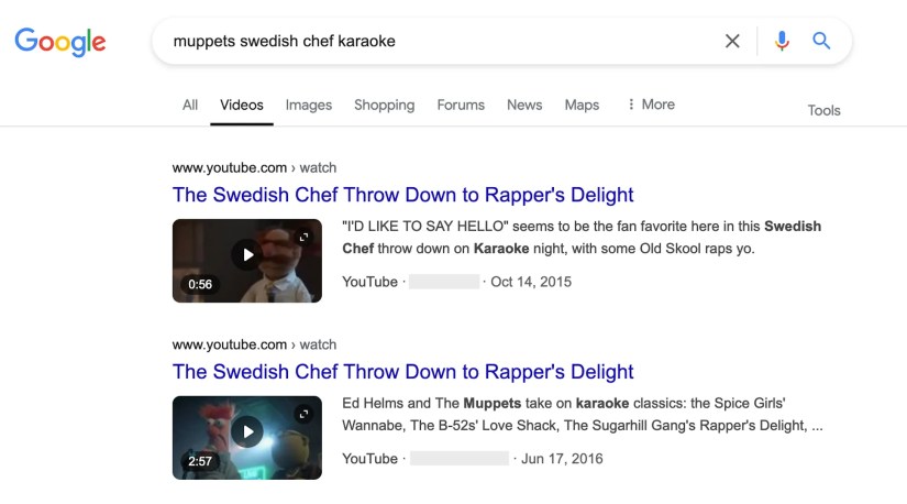 Google Search results for &lsquo;muppets swedish chef karaoke&rsquo; in the Videos tab.