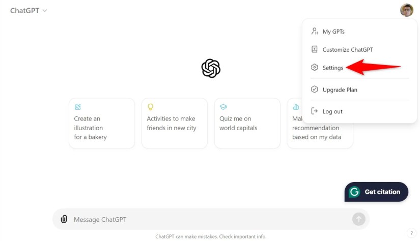 &lsquo;Settings&rsquo; highlighted on ChatGPT&rsquo;s site.