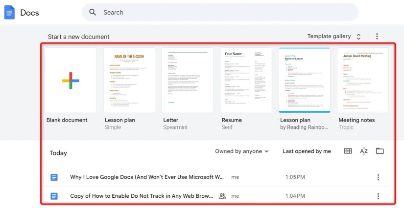 The main interface of Google Docs on desktop.