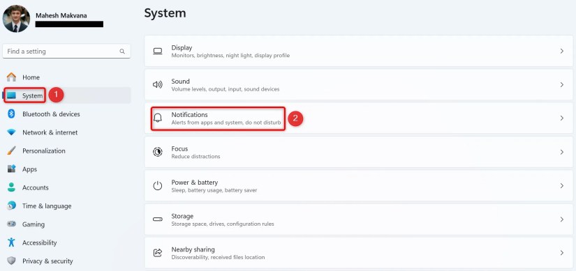 &lsquo;System&rsquo; and &lsquo;Notifications&rsquo; highlighted in Settings.