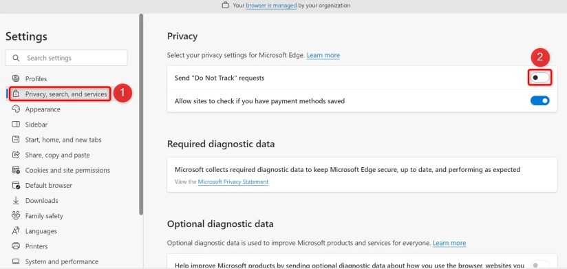&lsquo;Privacy, Search, and Services&rsquo; and &lsquo;Send Do Not Track Requests&rsquo; highlighted in Edge Settings.