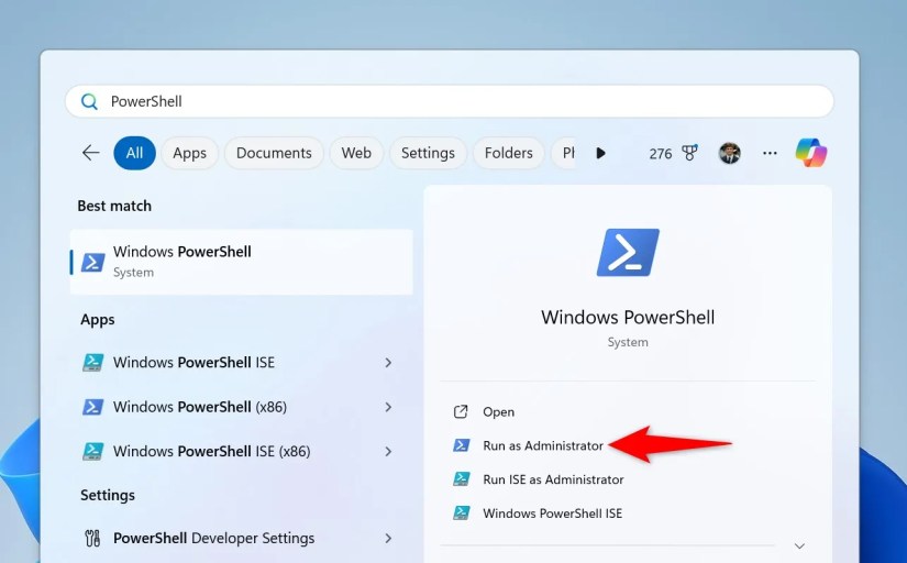 &lsquo;Run as Administrator&rsquo; highlighted for PowerShell.