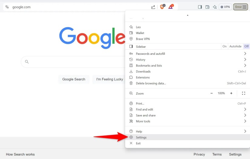&lsquo;Settings&rsquo; highlighted in Brave&rsquo;s hamburger menu.