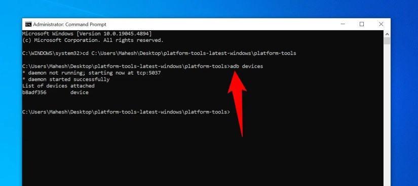 The &lsquo;adb devices&rsquo; command typed in Command Prompt.