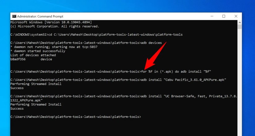 The &lsquo;adb install&rsquo; command typed in Command Prompt.