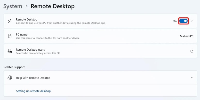 The &lsquo;Remote Desktop&rsquo; toggle highlighted in Settings.