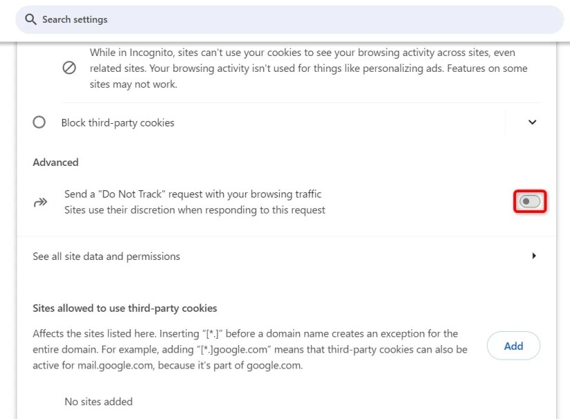 The &lsquo;Send a Do Not Track Request With Your Browsing Traffic&rsquo; toggle highlighted in Chrome Settings.