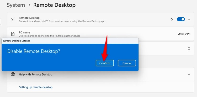 &lsquo;Confirm&rsquo; highlighted in the Remote Desktop prompt.