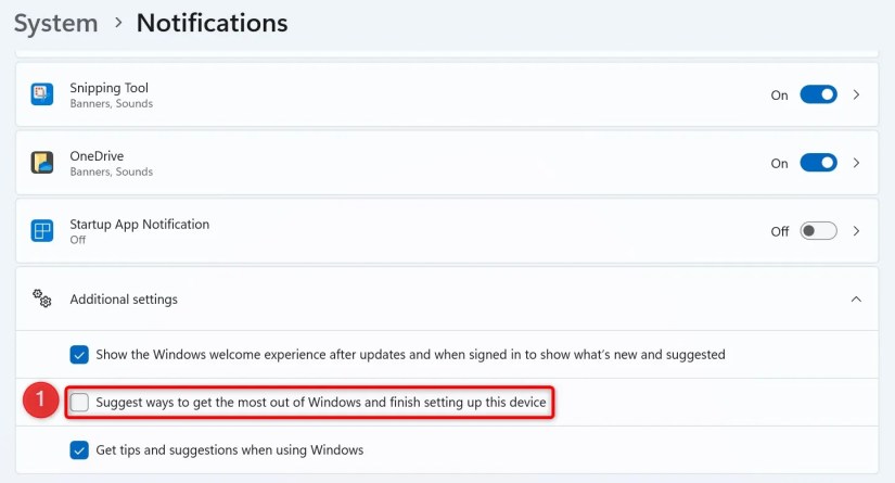 &lsquo;Suggest Ways to Get the Most Out of Windows and Finish Setting Up This Device&rsquo; highlighted in Settings.