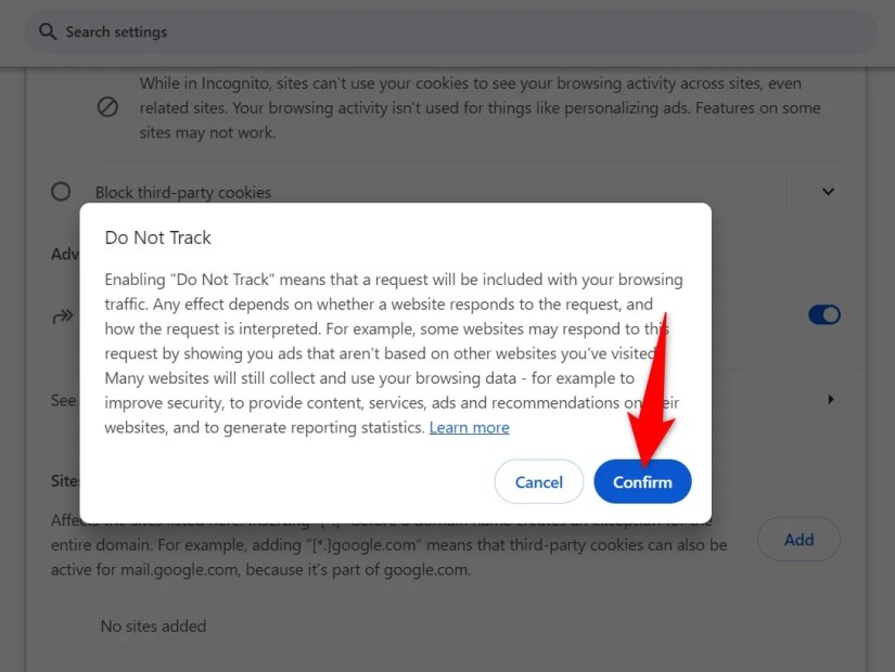 &lsquo;Confirm&rsquo; highlighted in the Do Not Track prompt in Chrome.