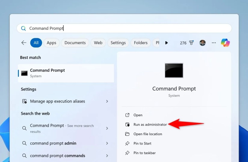 &lsquo;Run as Administrator&rsquo; highlighted for Command Prompt.