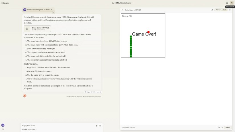 Creating and playing a Snake game using Claude Artifacts