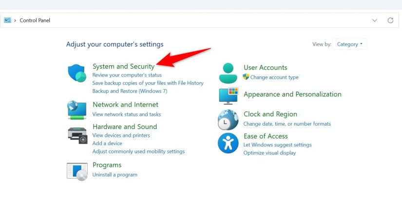&lsquo;System and Security&rsquo; highlighted in Control Panel.