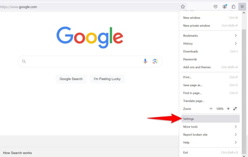 &lsquo;Settings&rsquo; highlighted in Firefox&rsquo;s hamburger menu.