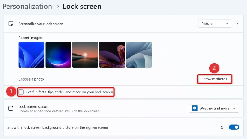 The option to disable lock screen ads and &lsquo;Browse Photos&rsquo; highlighted in Settings.