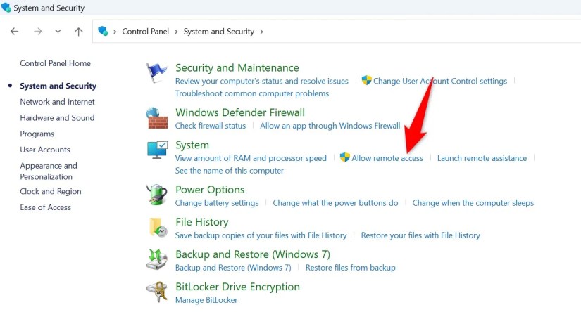 &lsquo;Allow Remote Access&rsquo; highlighted in Control Panel.