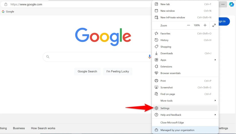 &lsquo;Settings&rsquo; highlighted in Edge&rsquo;s three-dot menu.