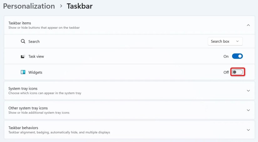 The &lsquo;Widgets&rsquo; toggle highlighted in Settings.