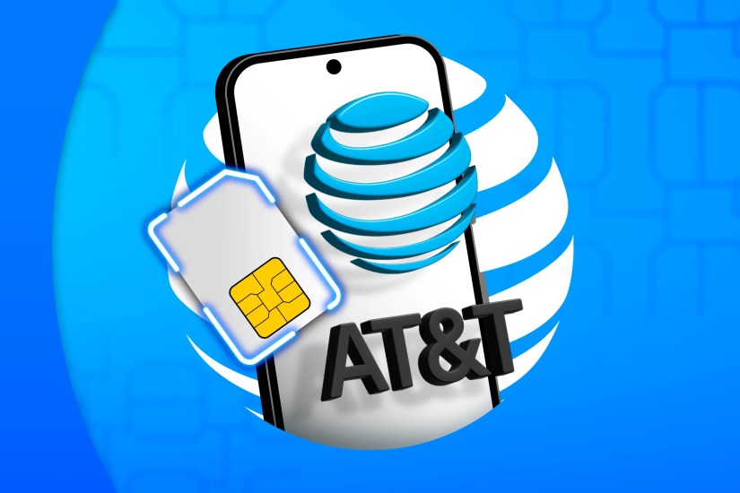 A phone with the AT&amp;T logo in front of the screen and a SIM card next to it.
