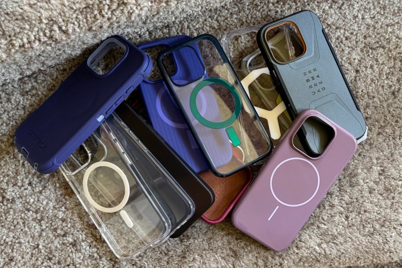 A pile of iPhone 16 Pro cases on carpet.