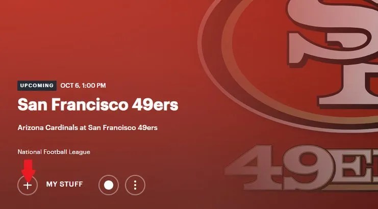 Add a team to My Stuff on Hulu by clicking on the plus sign.