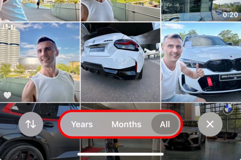 iPhone&rsquo;s Photos app with the annotated Years, Months, and All buttons at the bottom.