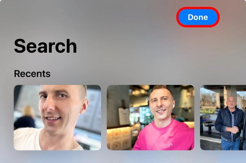 Closeup of the search screen in the iPhone&rsquo;s Photos app with the annotated Done button in the top-right corner.
