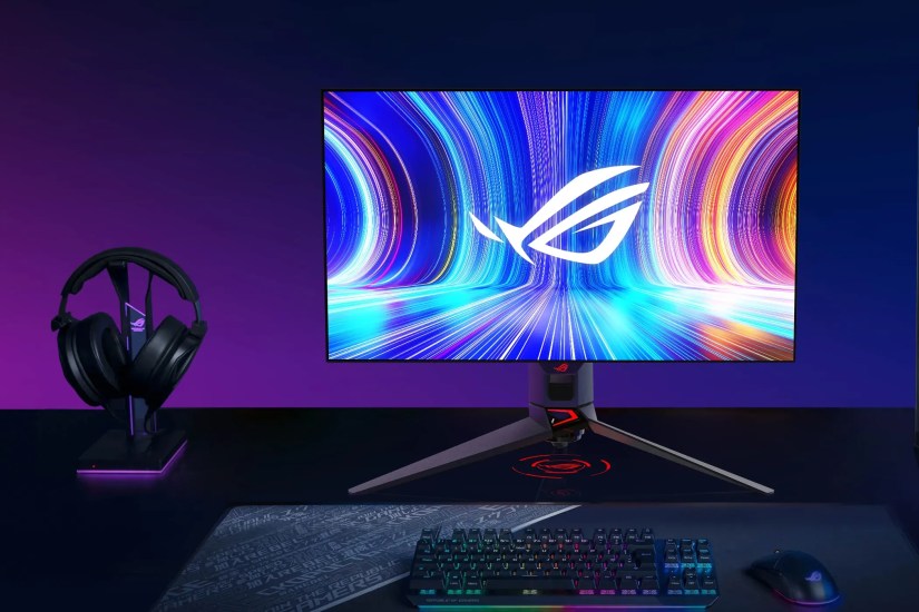 ASUS ROG Swift PG27AQDP Sitting on a desk.