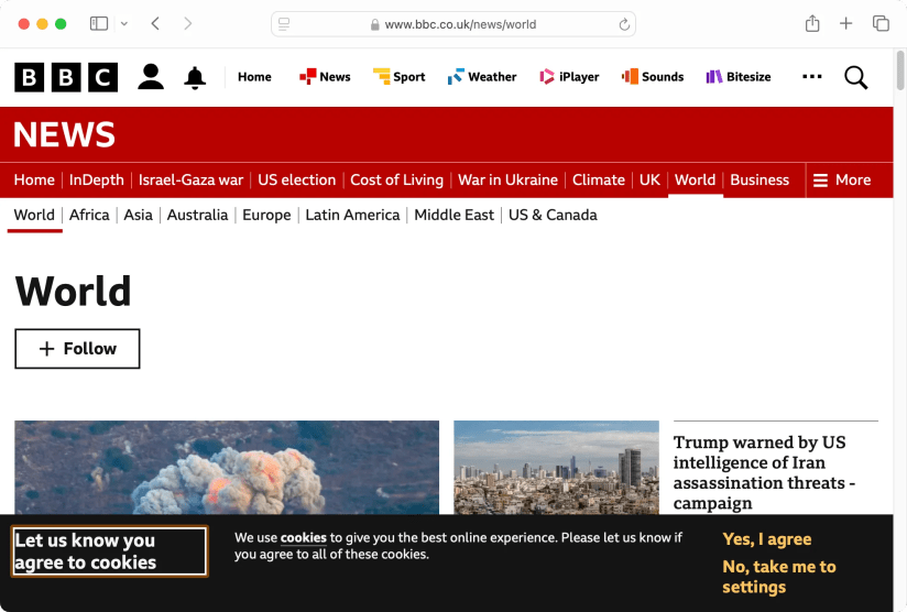 BBC news page showing a black cookie banner at the bottom.