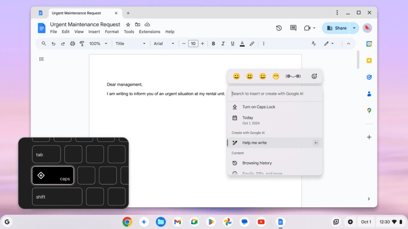 Popup menu with options to turn on Caps Lock, insert date, Help me write, and other options.