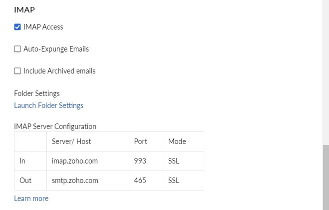 Enabling IMAP on Zoho.