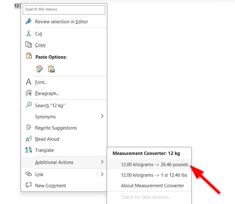 Converting specified measurement to its relevant measurement using the &lsquo;Additional Actions&rsquo; feature.