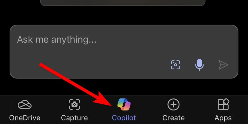 Selecting Copilot in the Microsoft 365 app on iPhone.