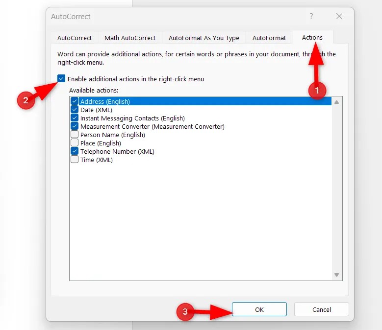 Enabling the &lsquo;Aditional Actions&rsquo; options.