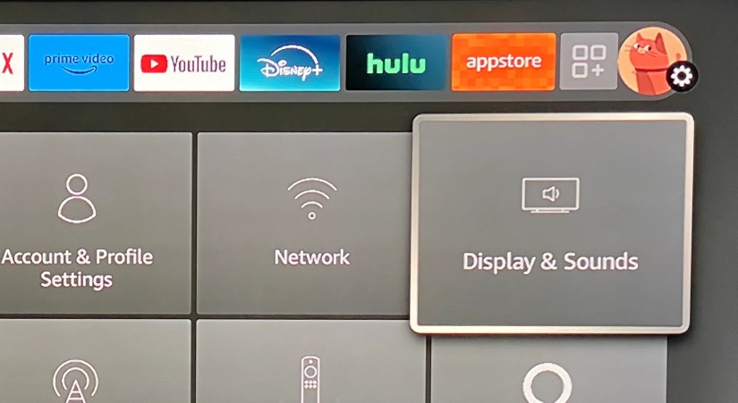 Display &amp; Sounds menu option on a Fire TV device.