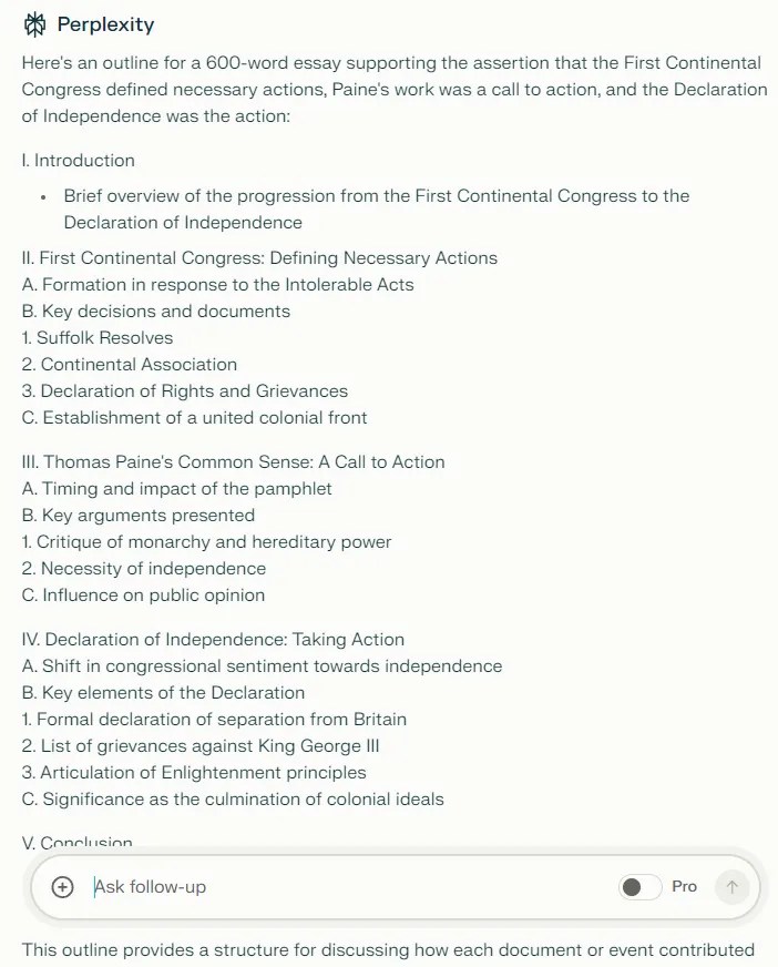A screenshot of Perplexity AI&rsquo;s outline suggestion