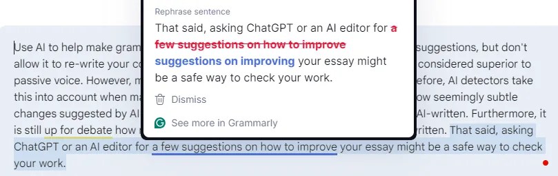 Screenshot of an AI sentence suggestion