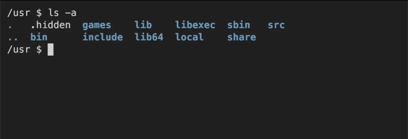 Terminal output of the ls -a command showing the special files . and ..