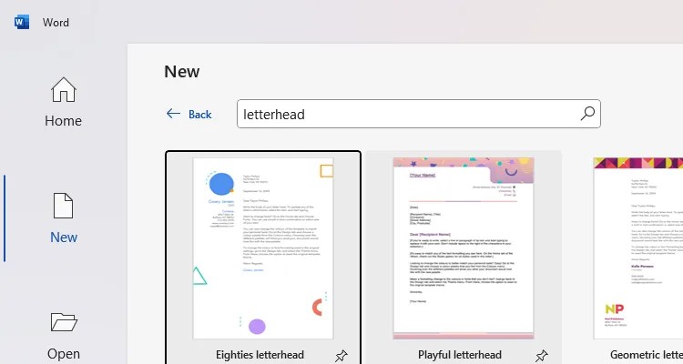 Microsoft Word&rsquo;s letterhead template options.